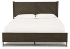 Grayish-brown panel bed frame with slatted headboard and white mattress