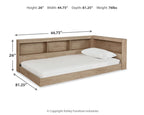 Beige bookcase storage bed with paneled headboard shelves and white mattress