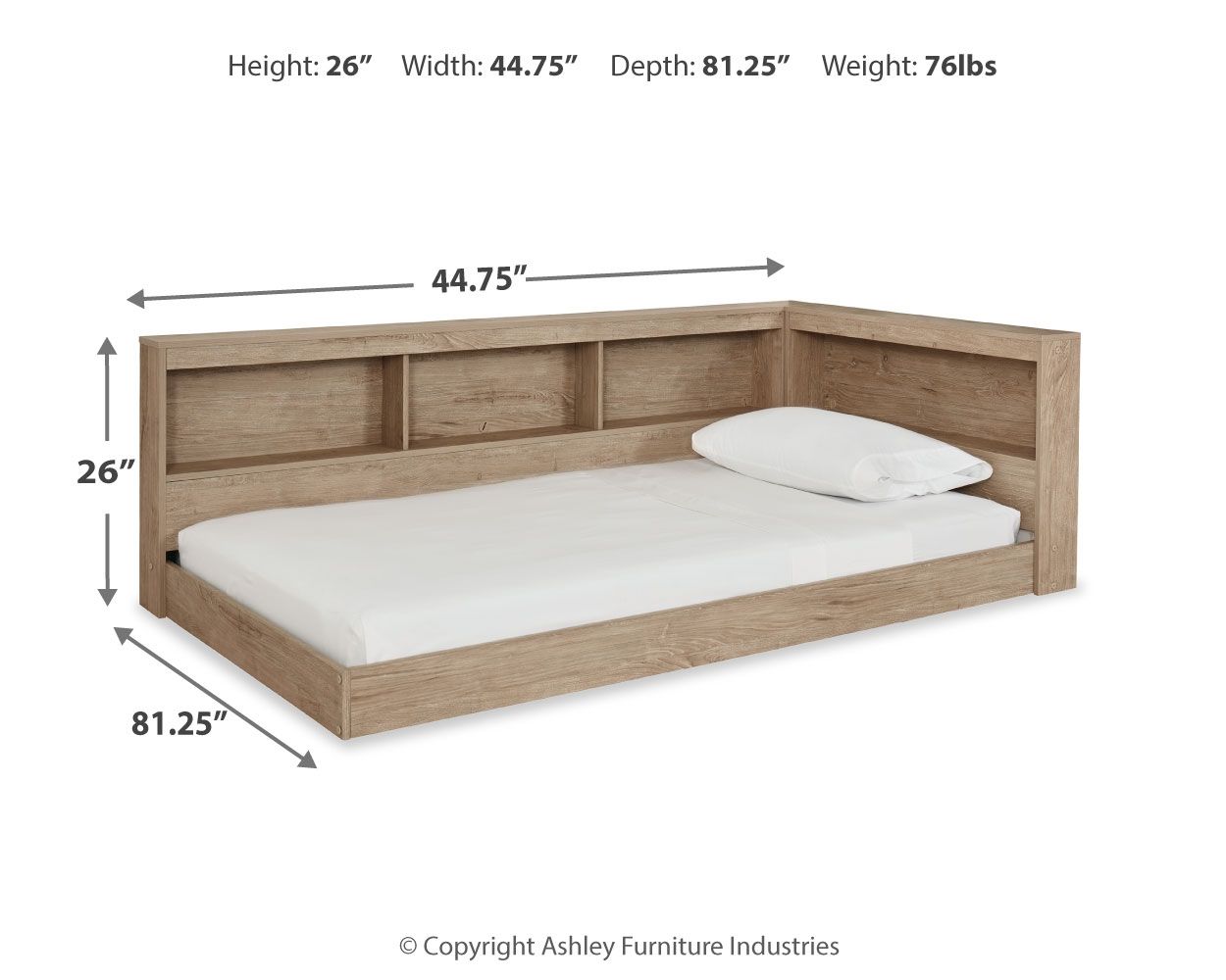 Beige bookcase storage bed with paneled headboard shelves and white mattress