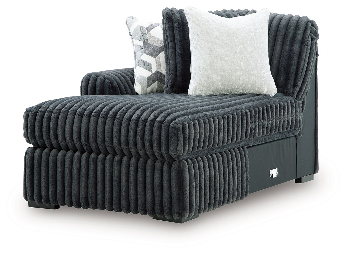 Gunmetal corduroy corner chaise with square arm, plush cushions, and light throw pillow