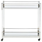 Empty clear glass bar cart with silver frame and caster wheels