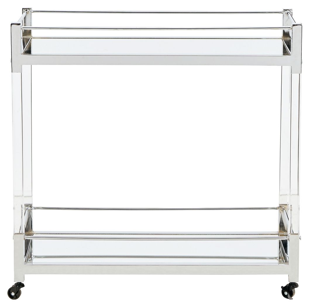 Empty clear glass bar cart with silver frame and caster wheels