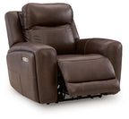 Brown power recliner showing footrest extension and side control panel