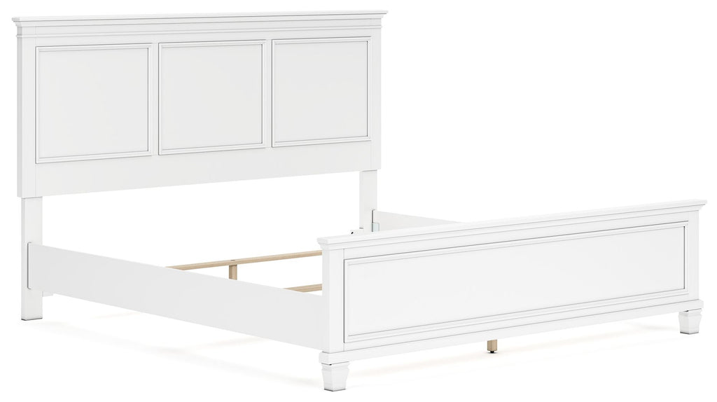 White panel bed with open storage under the mattress, side rail and legs visible.