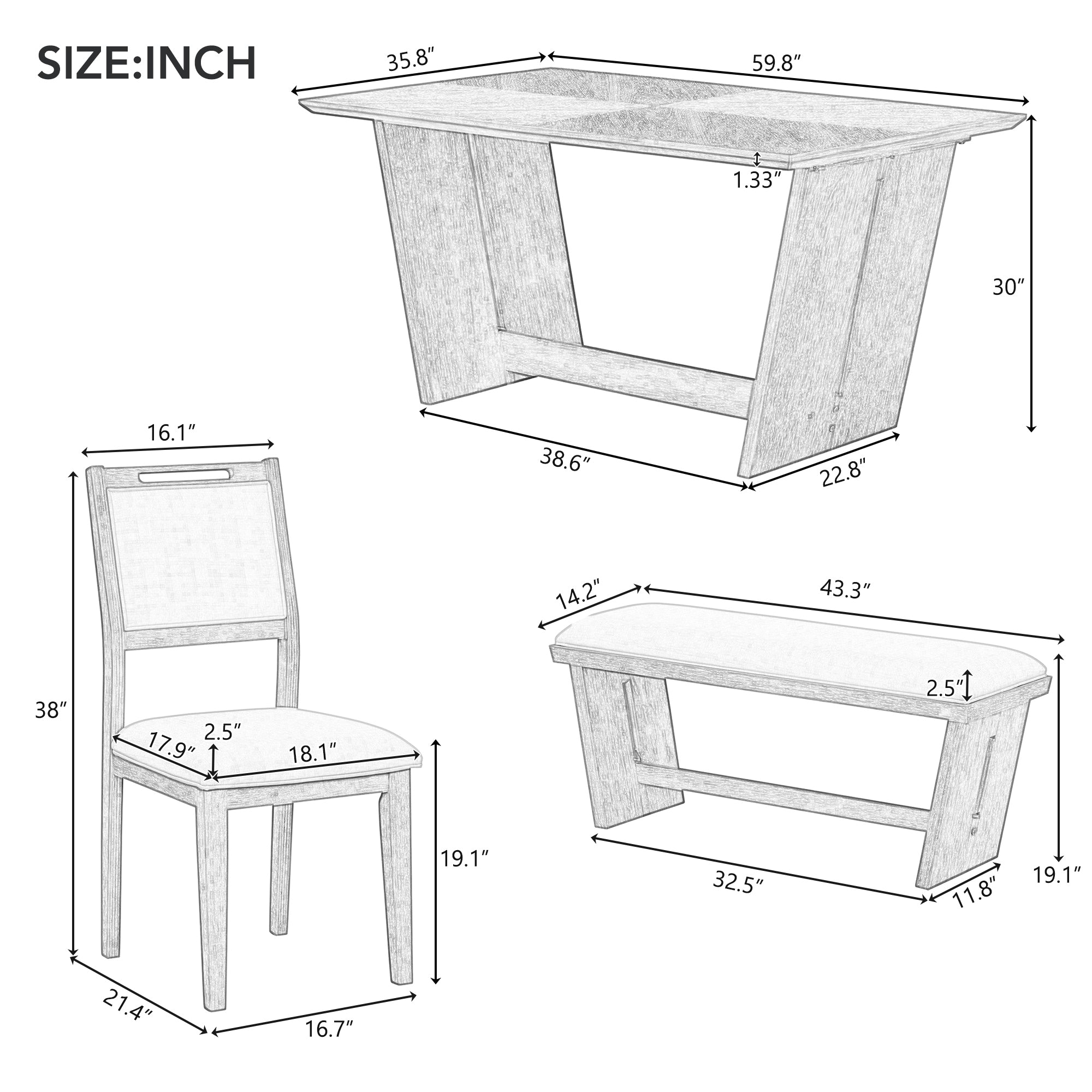 6-Pc Retro Dining Set w/ Bench - Natural Wood