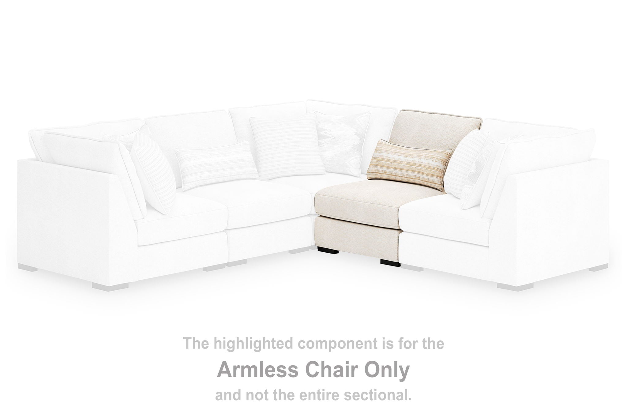 Sectional armless chair component with light beige upholstery and striped pillow