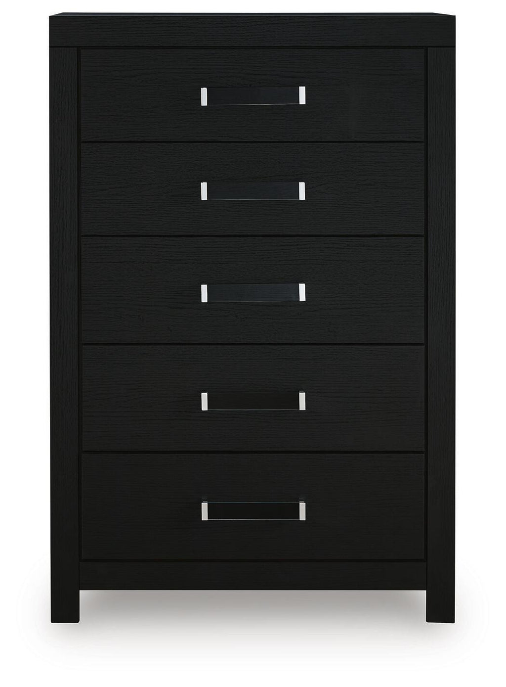 Black five-drawer chest front view with five silver bar pulls, dark wood