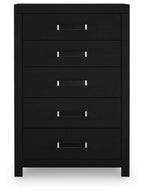 Black five-drawer chest front view with five silver bar pulls, dark wood