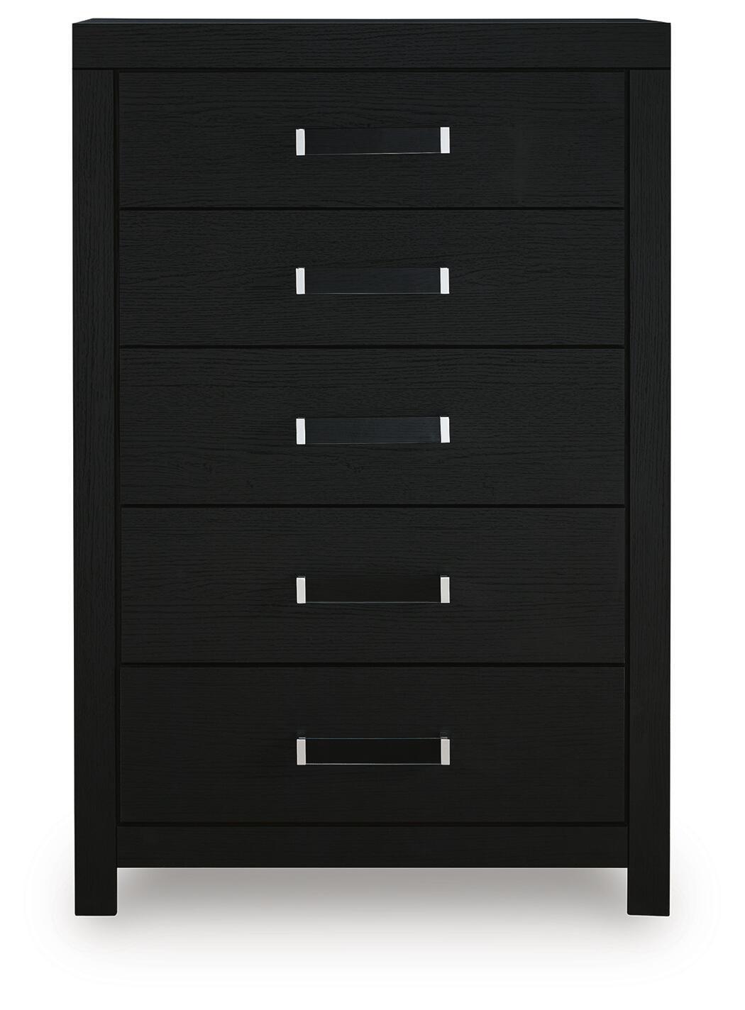 Black five-drawer chest front view with five silver bar pulls, dark wood