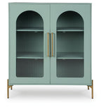 Light green accent cabinet with two arched glass doors and gold vertical handles