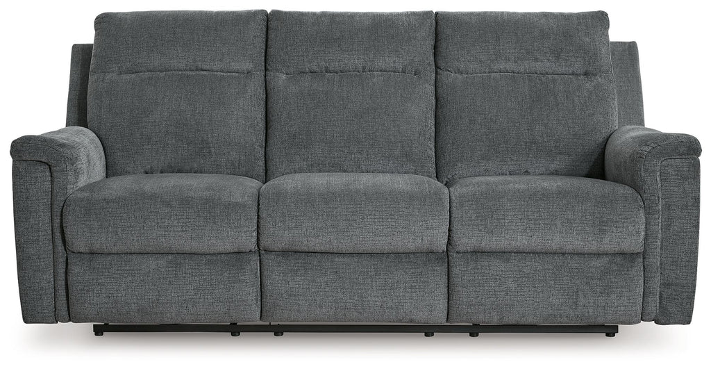 Power reclining sofa with three front seat sections, gravel gray fabric and padded armrests