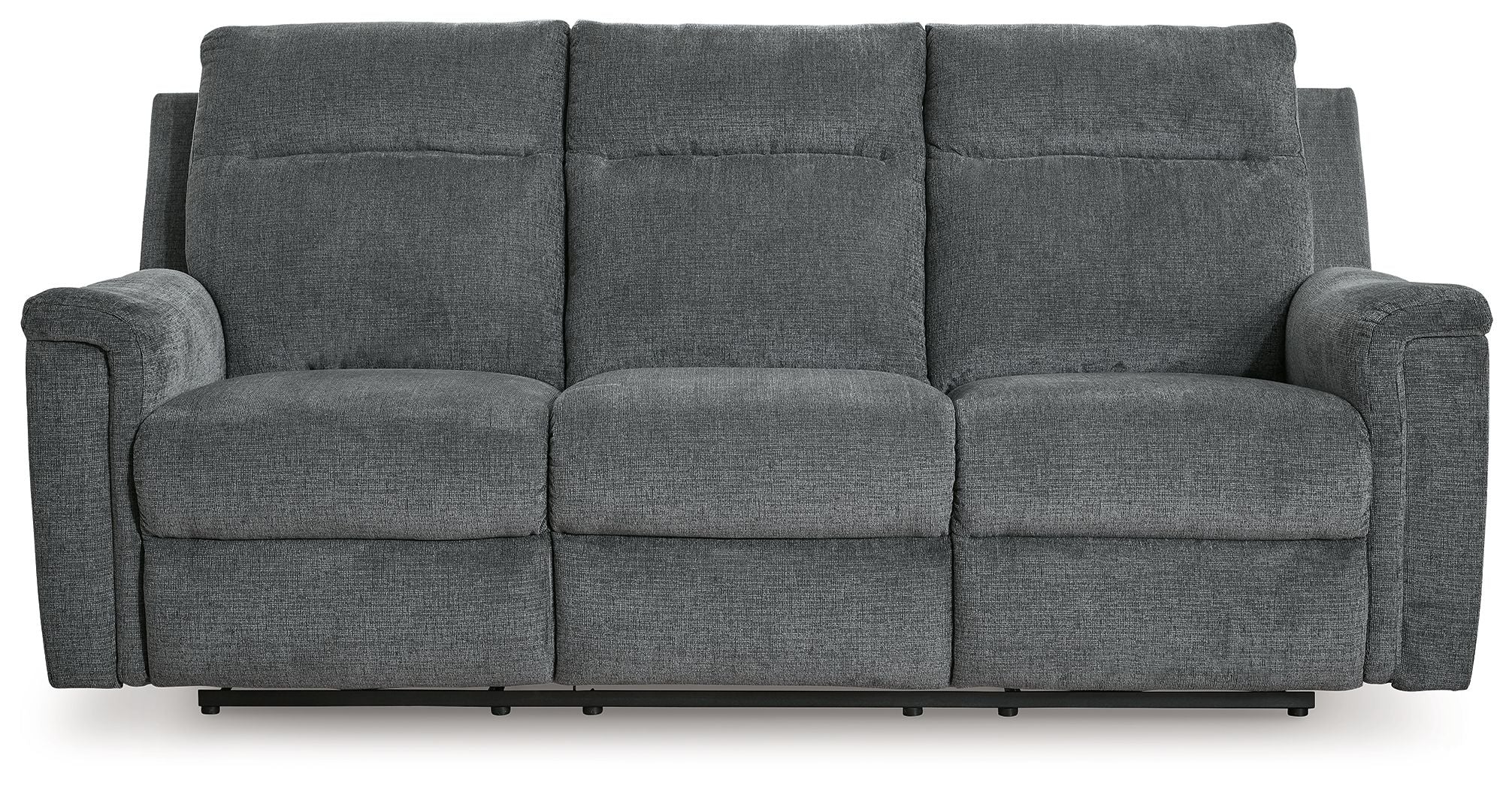Power reclining sofa with three front seat sections, gravel gray fabric and padded armrests