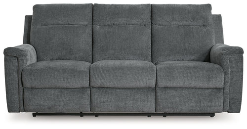 Power reclining sofa with three front seat sections, gravel gray fabric and padded armrests