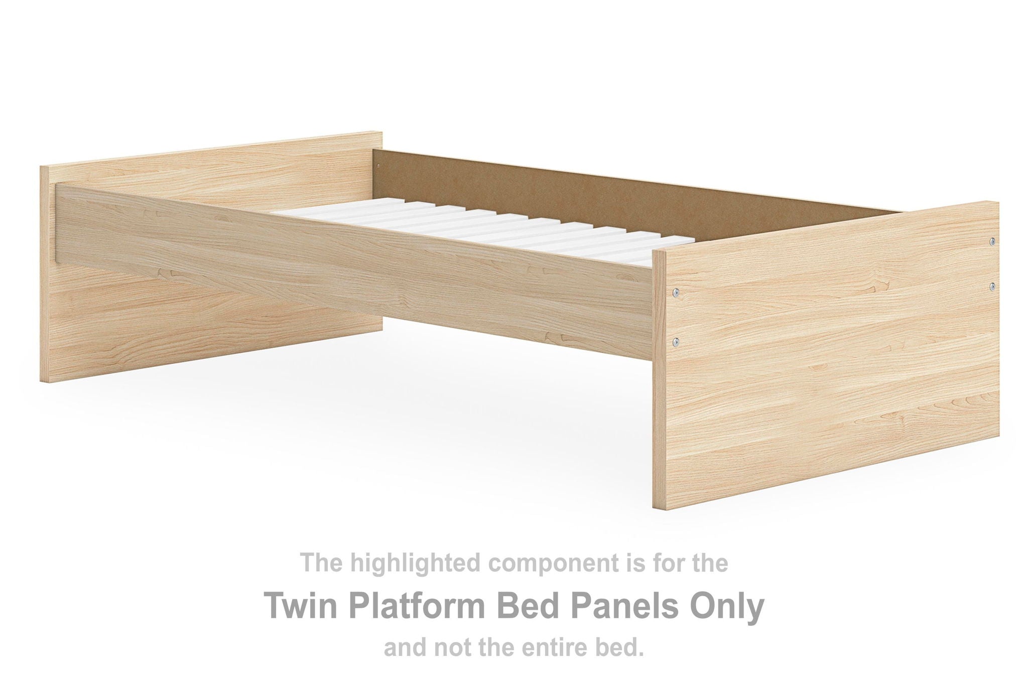 Twin platform bed panels in natural light wood, with side rails and headboard