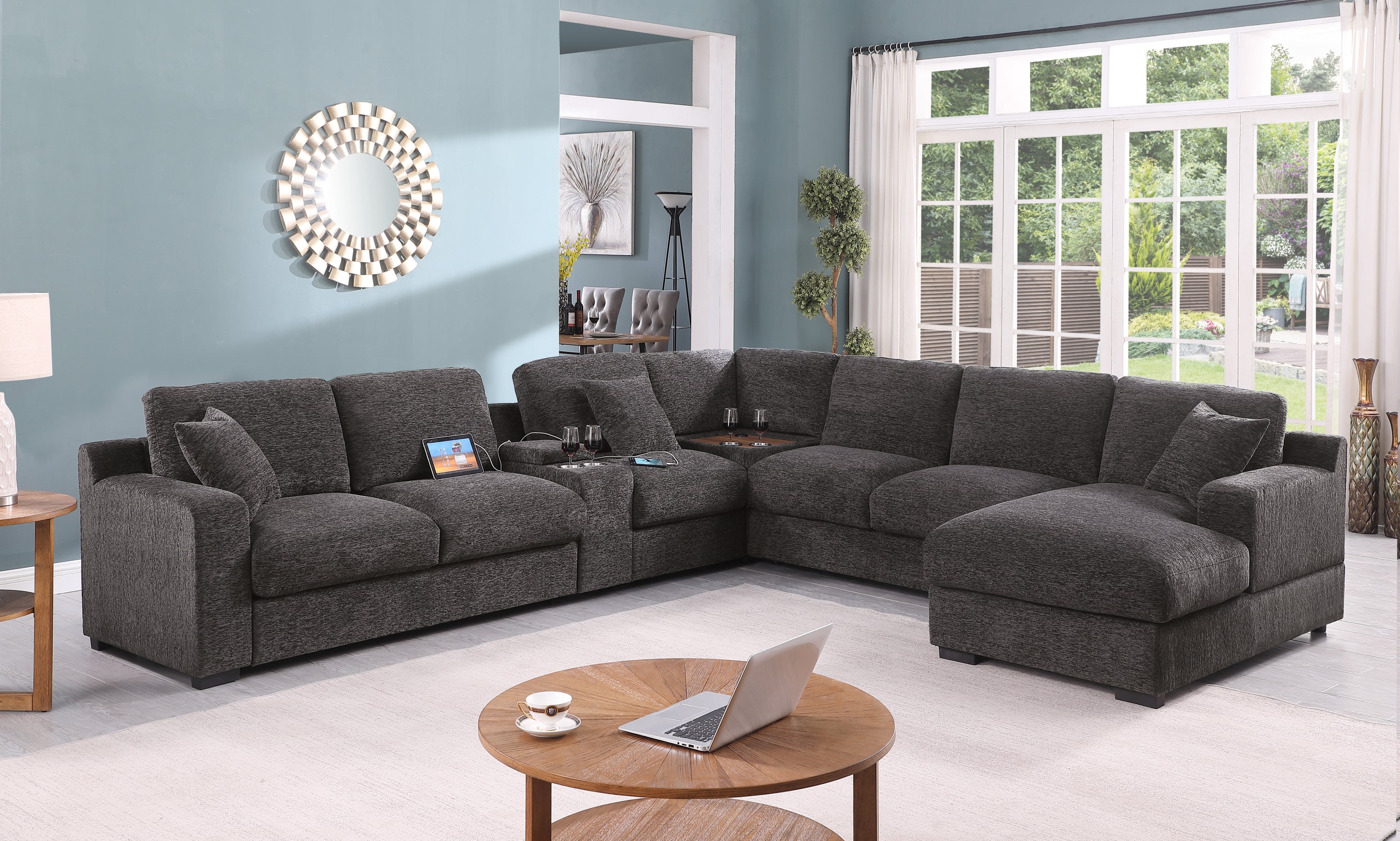 Celine Gray Chenille Sectional | Chaise, Cupholders, USB