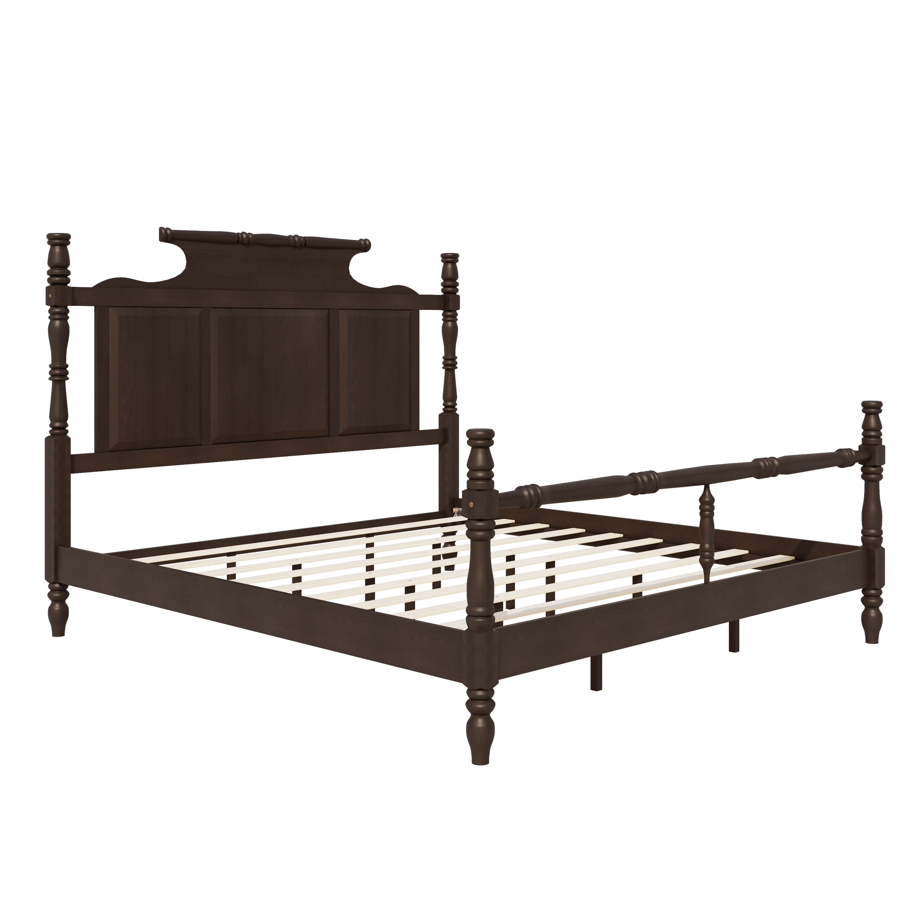 Vintage Brown Wood King Four Poster Bed with Crown Headboard