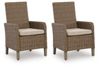 Set of 2 beige woven armchairs with square seat cushions and armrests