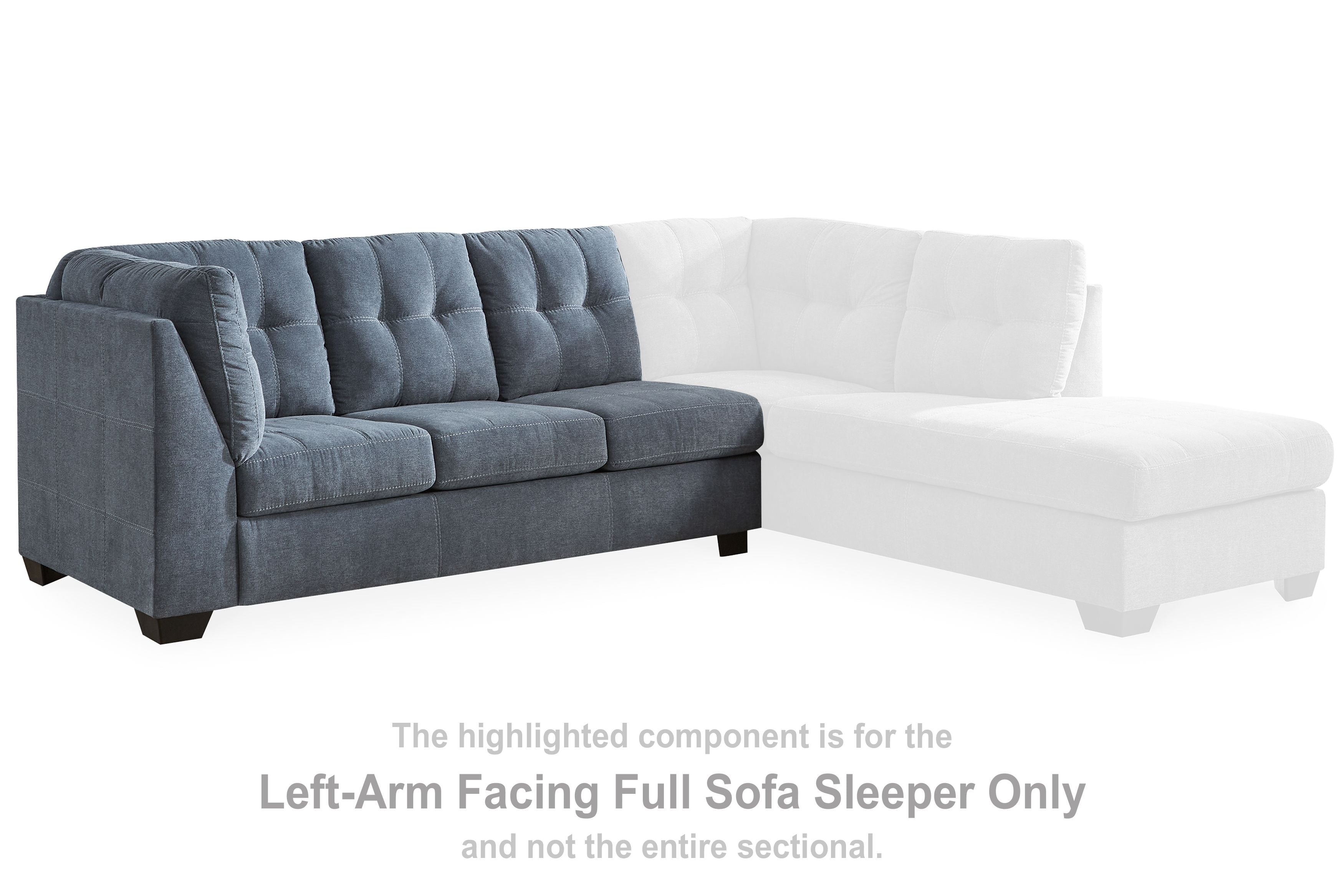 Left-arm facing full sofa sleeper, blue-gray fabric, tufted back, two-tone white