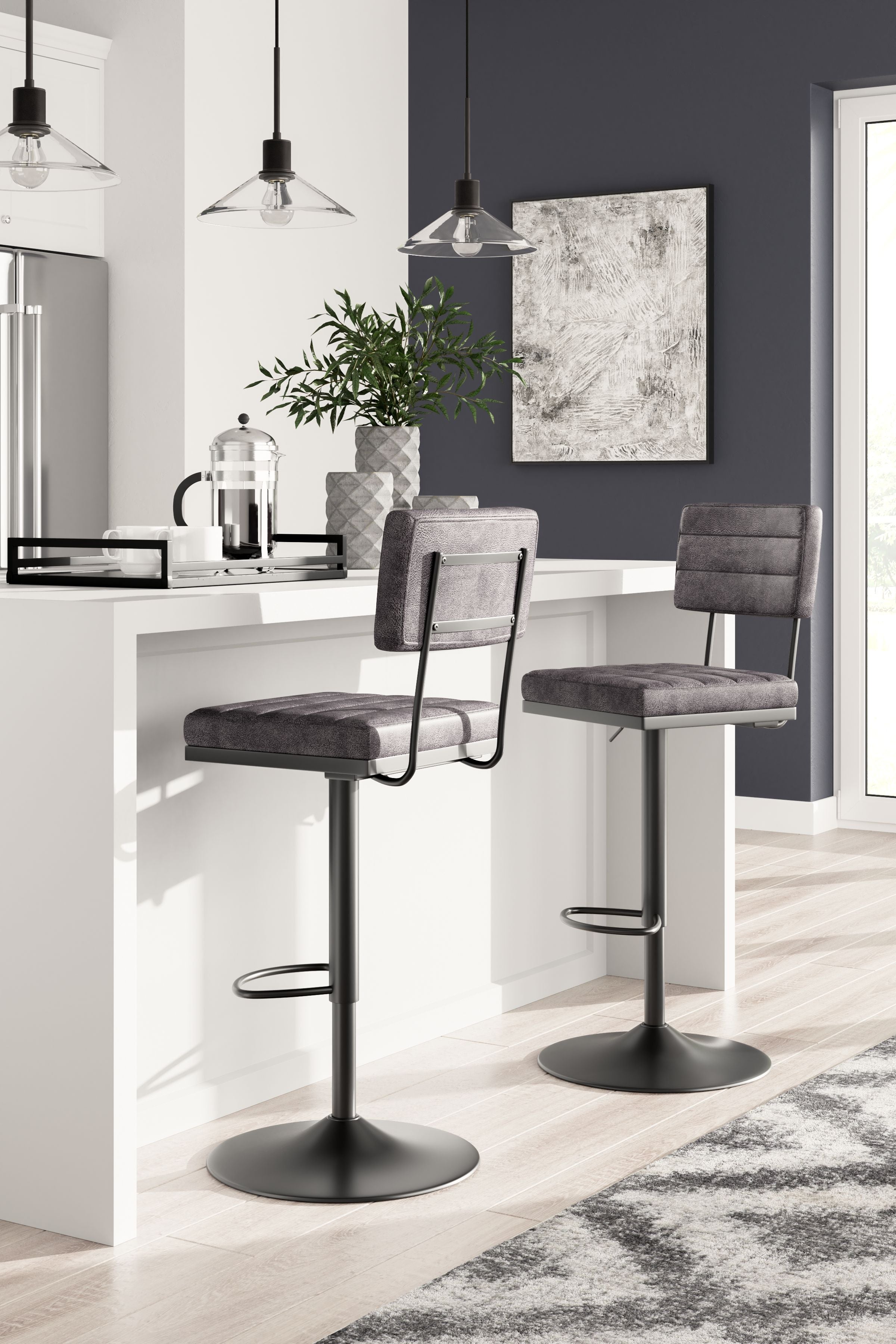 Set of 2 tall swivel barstools, dark gray fabric seats, round metal bases.