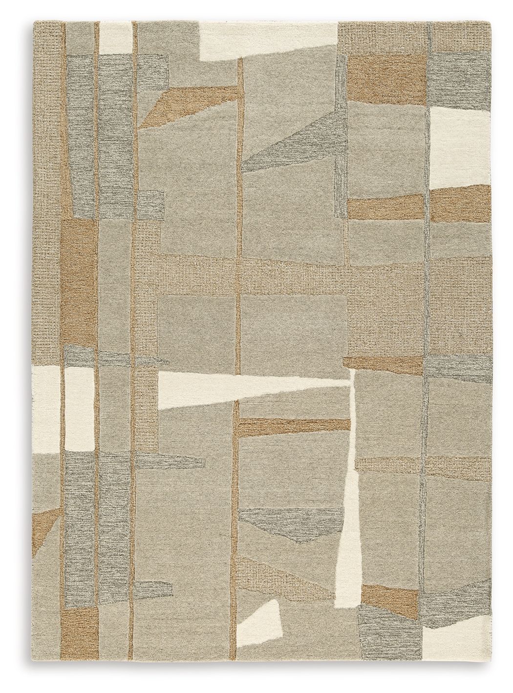 Abbotton rug with light brown, gray, and cream geometric patchwork pattern