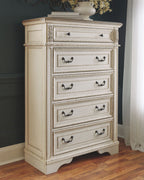 Realyn panel bedroom set tall dresser in white with four drawers and ornate pulls