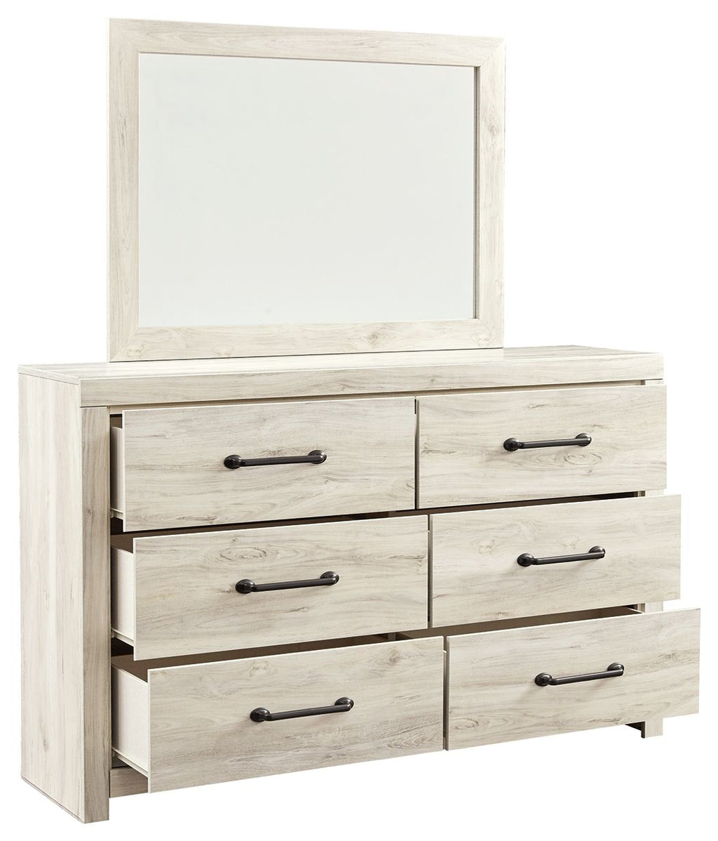 Cambeck whitewash dresser with mirror and six drawers, black bar handles, open drawer view