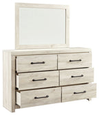 Cambeck whitewash dresser with mirror and six drawers, black bar handles, open drawer view
