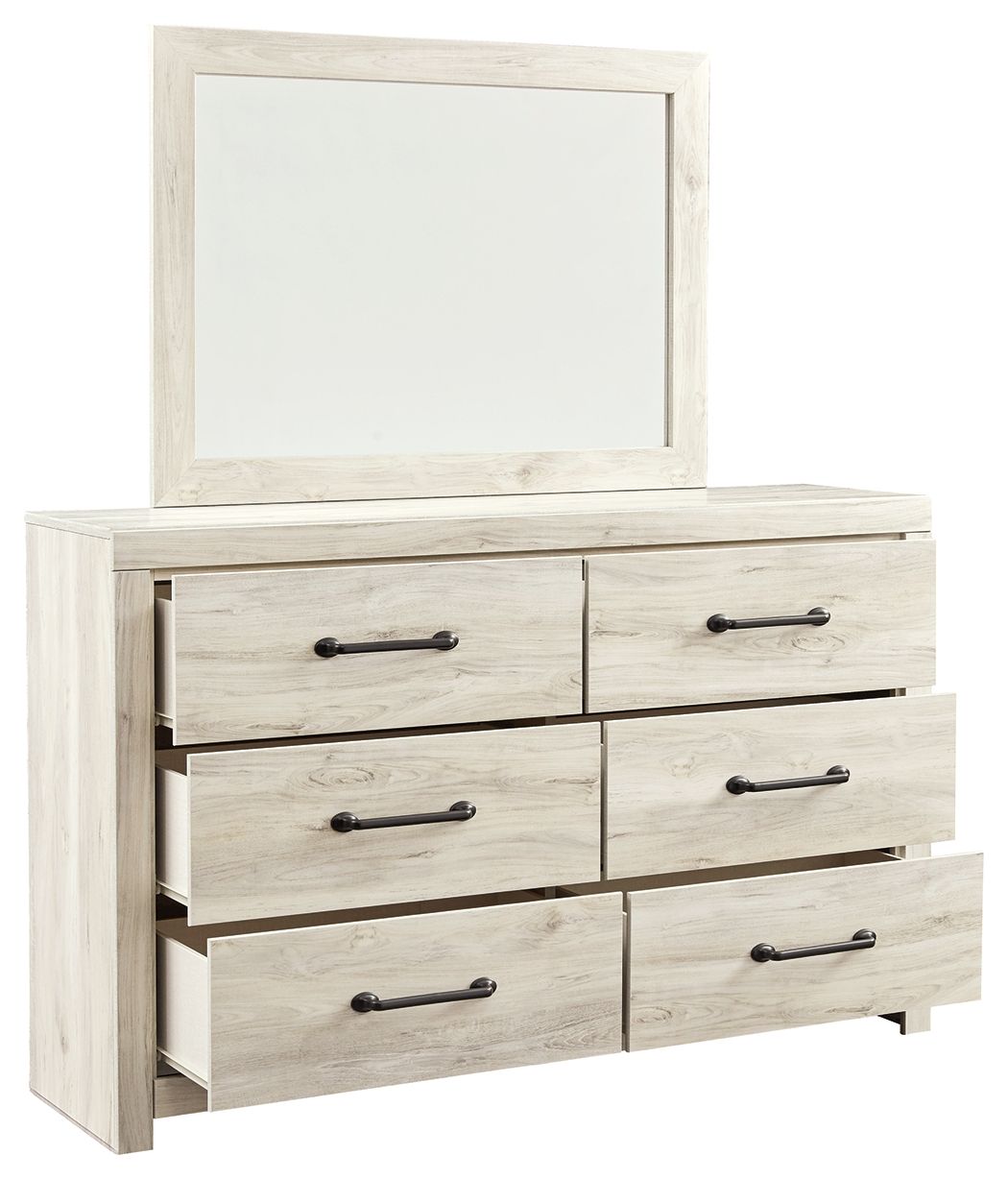 Cambeck whitewash dresser with mirror and six drawers, black bar handles, open drawer view