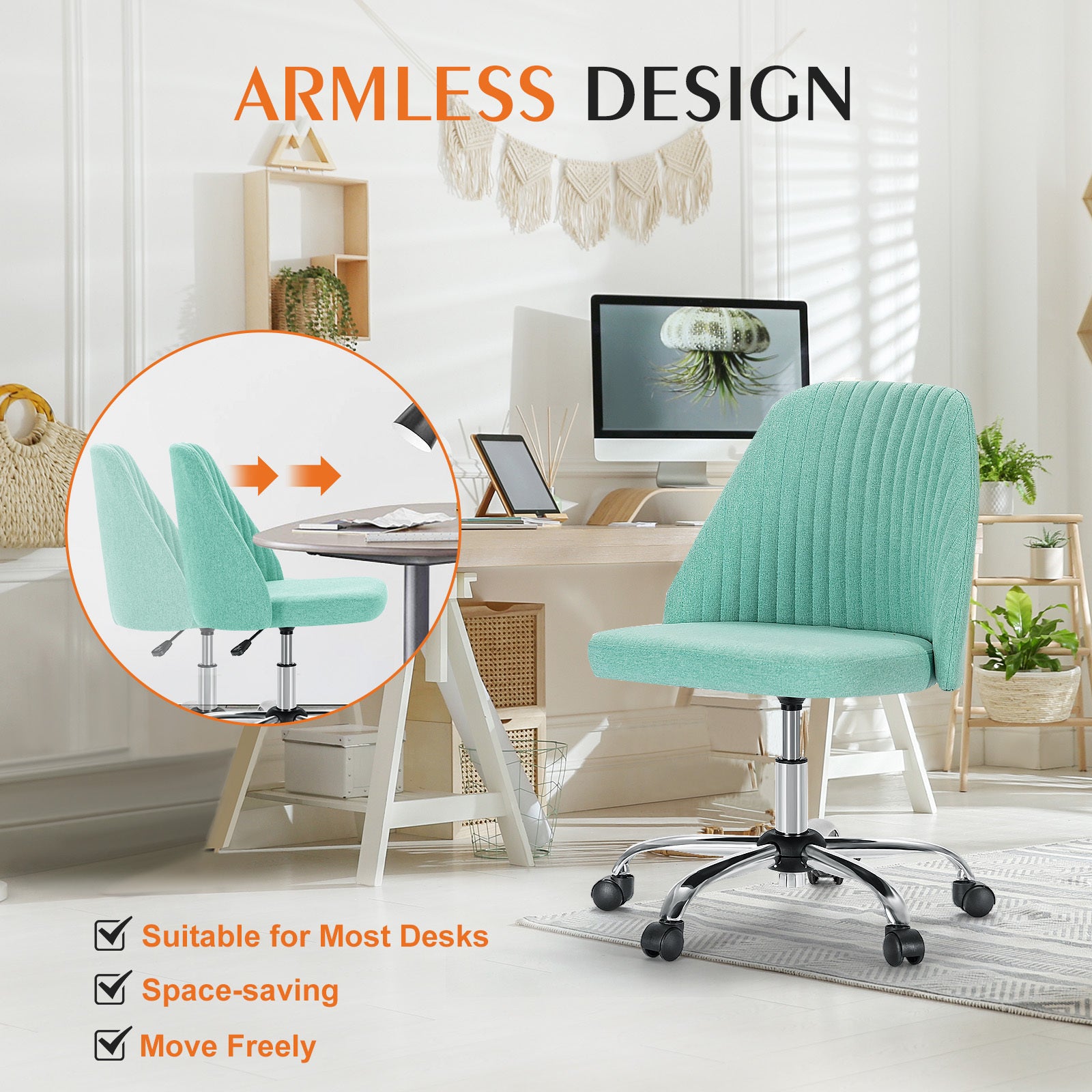 Armless Office Chair with Wheels for Small Spaces