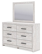 Whitewash dresser with 6 drawers and square mirror, distressed wood look, gray pulls