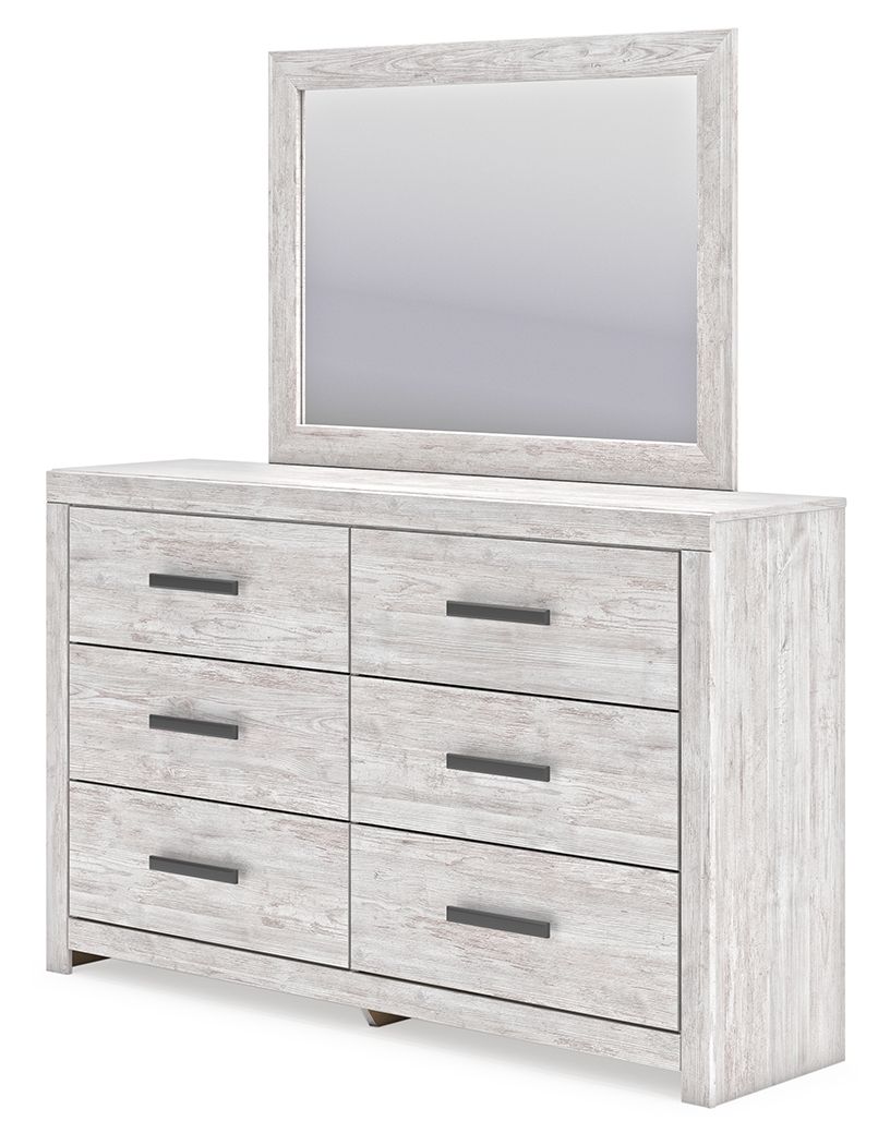 Whitewash dresser with 6 drawers and square mirror, distressed wood look, gray pulls