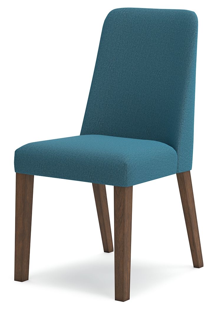 Upholstered dining side chair with teal seat, backrest, and dark wooden legs