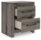 Gray night stand with two drawers and one drawer pulled open