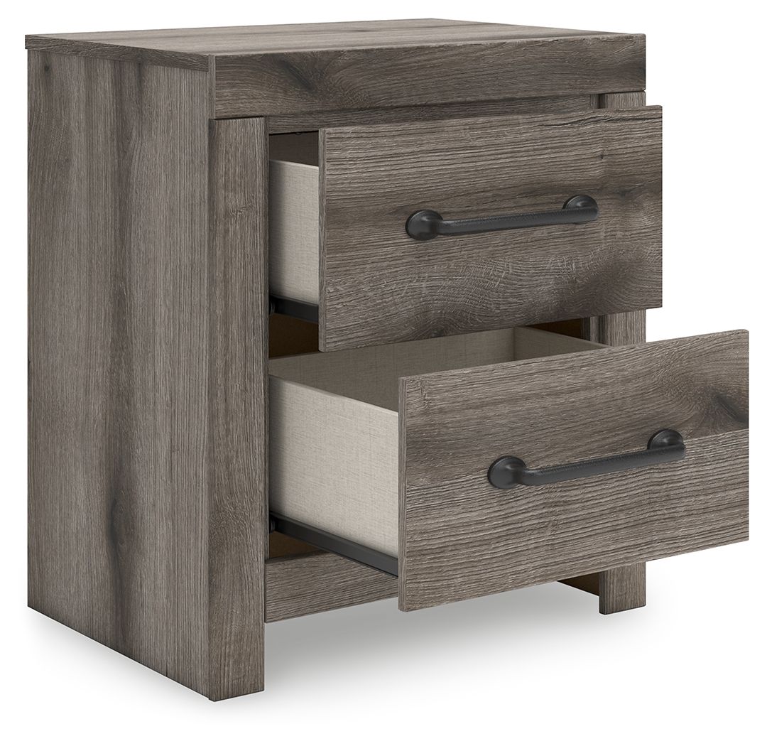 Gray night stand with two drawers and one drawer pulled open