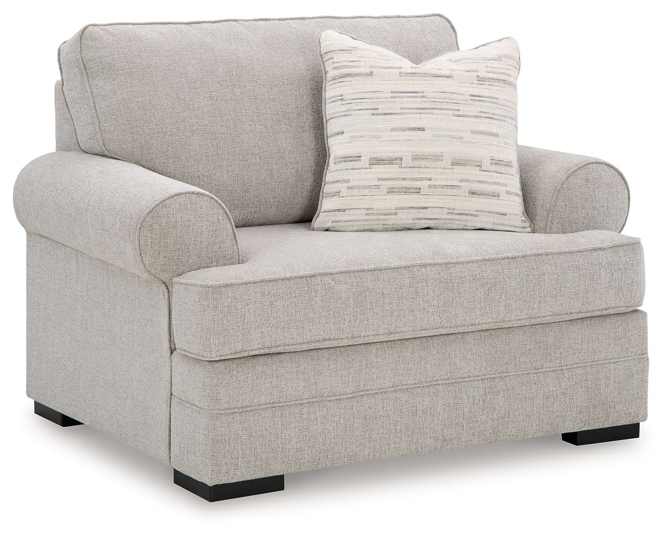 Gray fabric accent chair with wide seat and patterned lumbar pillow