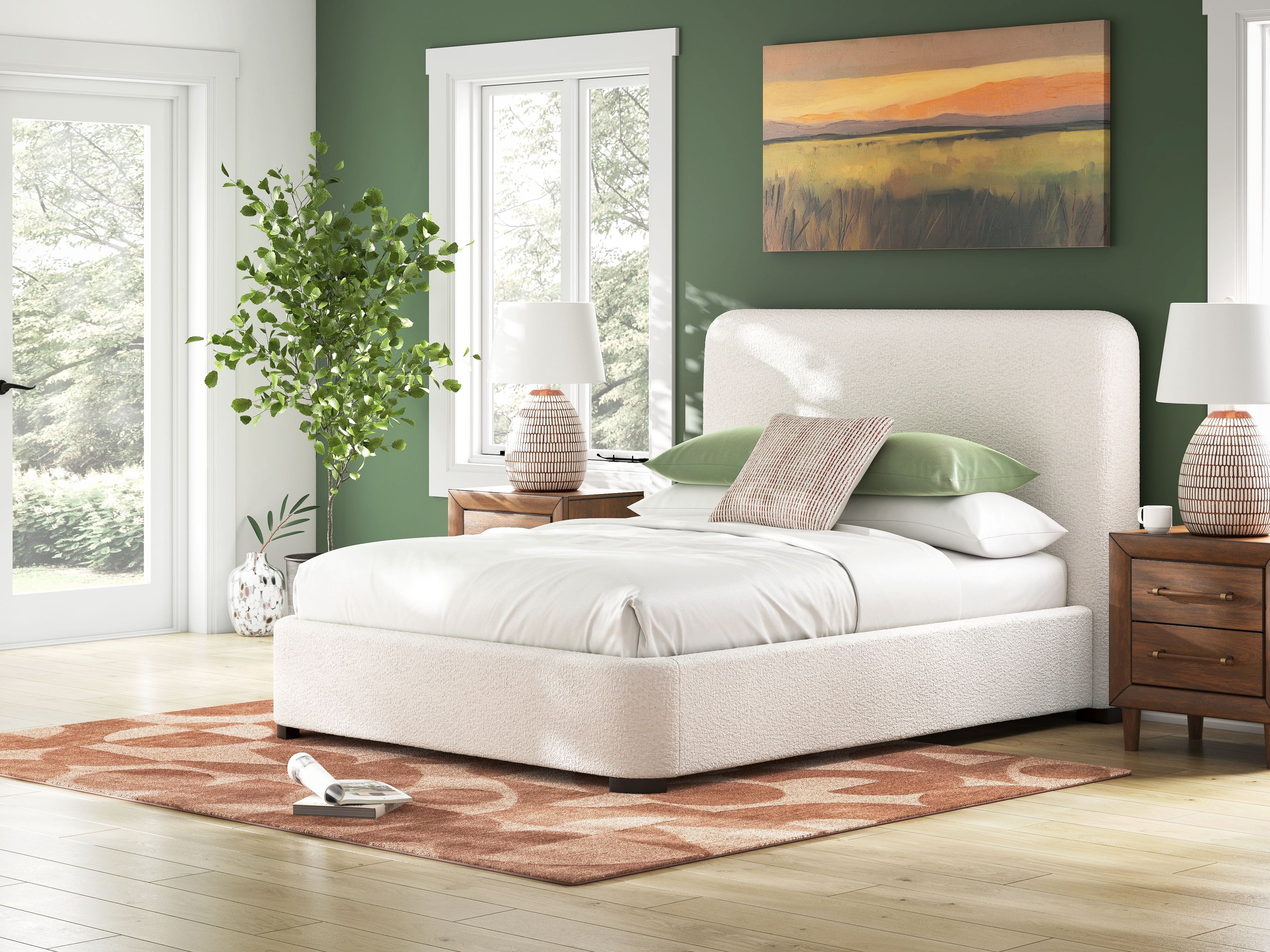 Beige upholstered bed with tall headboard and thick padded mattress frame