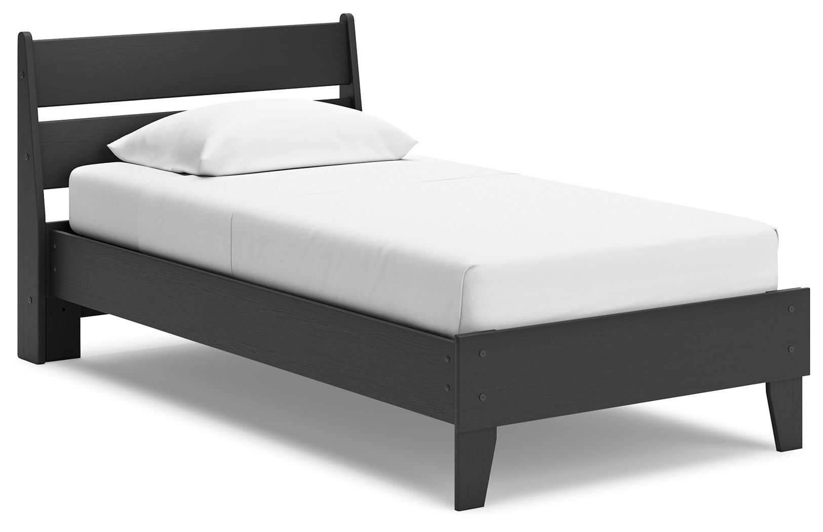 Black panel platform bed with white mattress and one pillow
