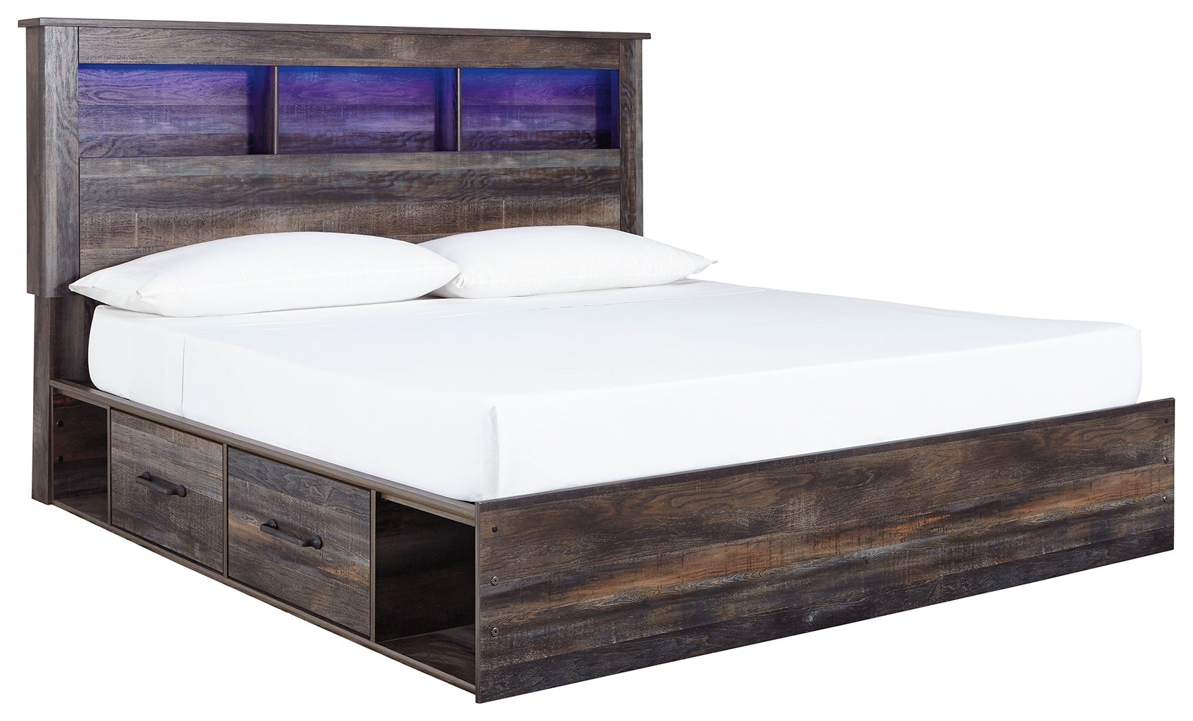 Panel bookcase bed with two under-drawer storage, dark wood frame, white mattress