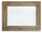 Distressed brown accent mirror with wide rectangular frame and centered glass panel