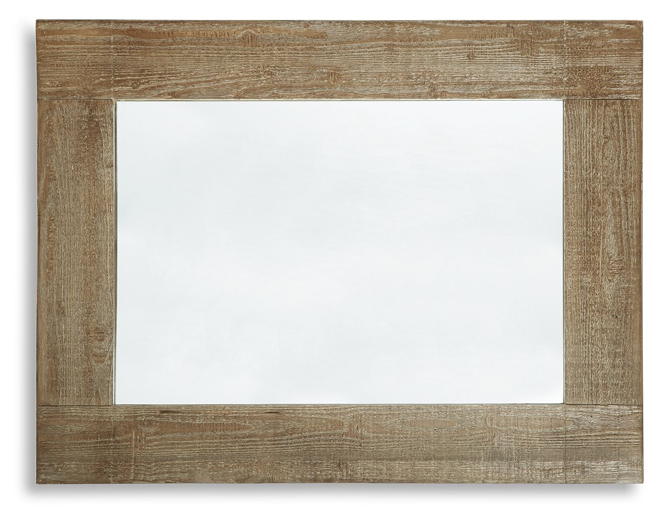 Distressed brown accent mirror with wide rectangular frame and centered glass panel