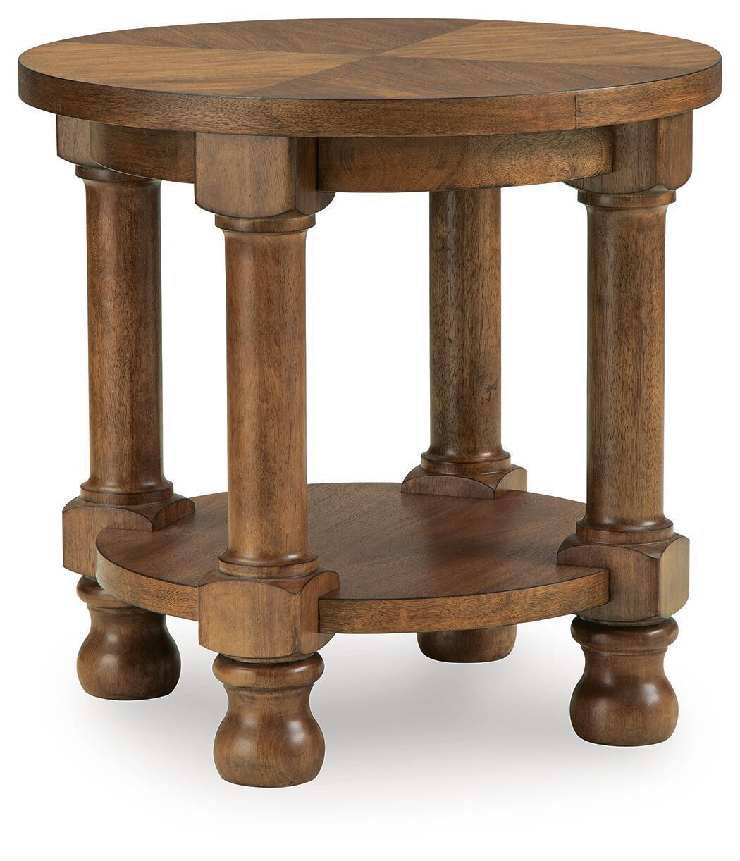 Round light brown wooden end table with carved turned legs and lower shelf