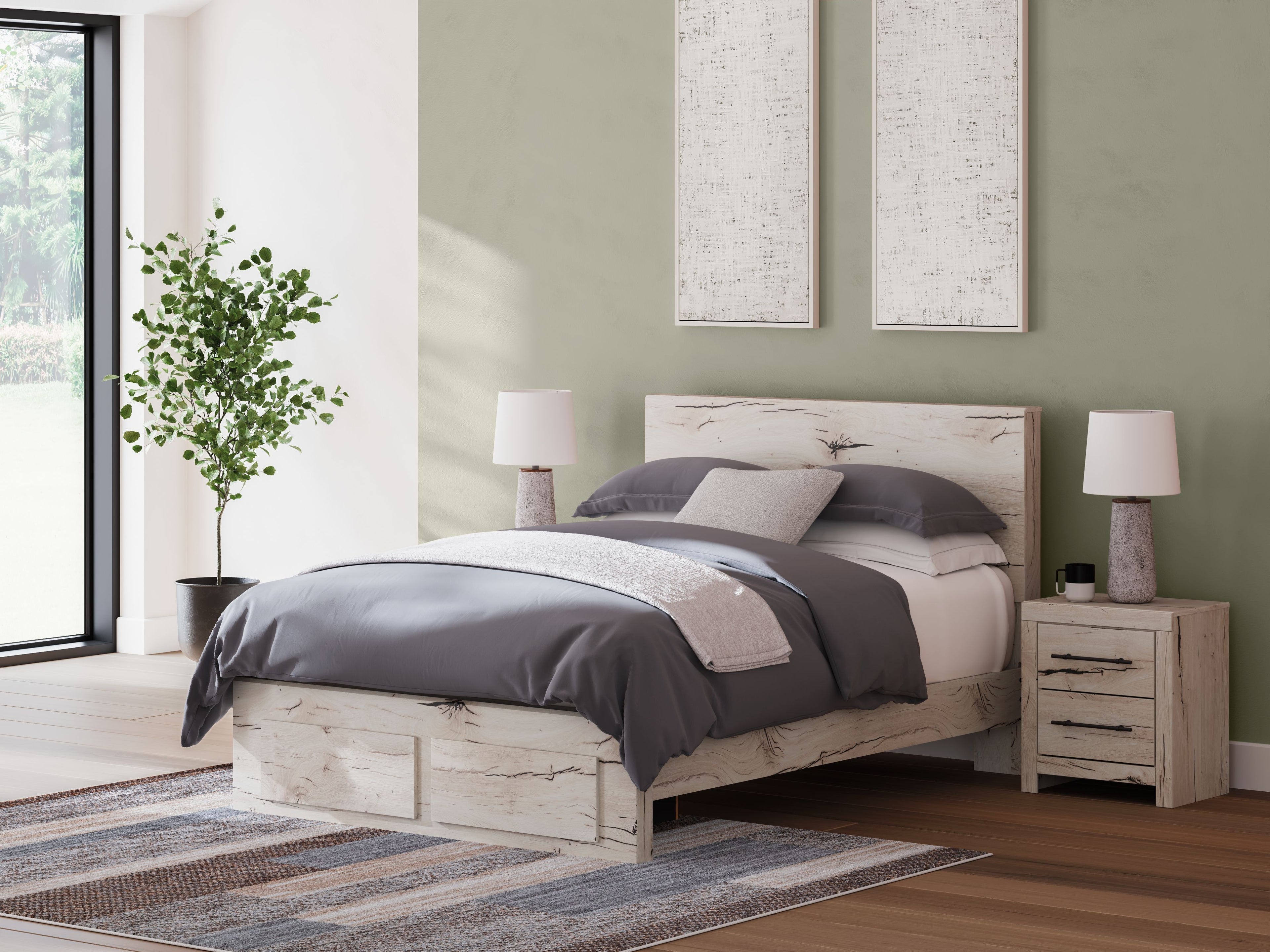 Light wood panel bed with storage drawers, gray duvet and pillows on frame