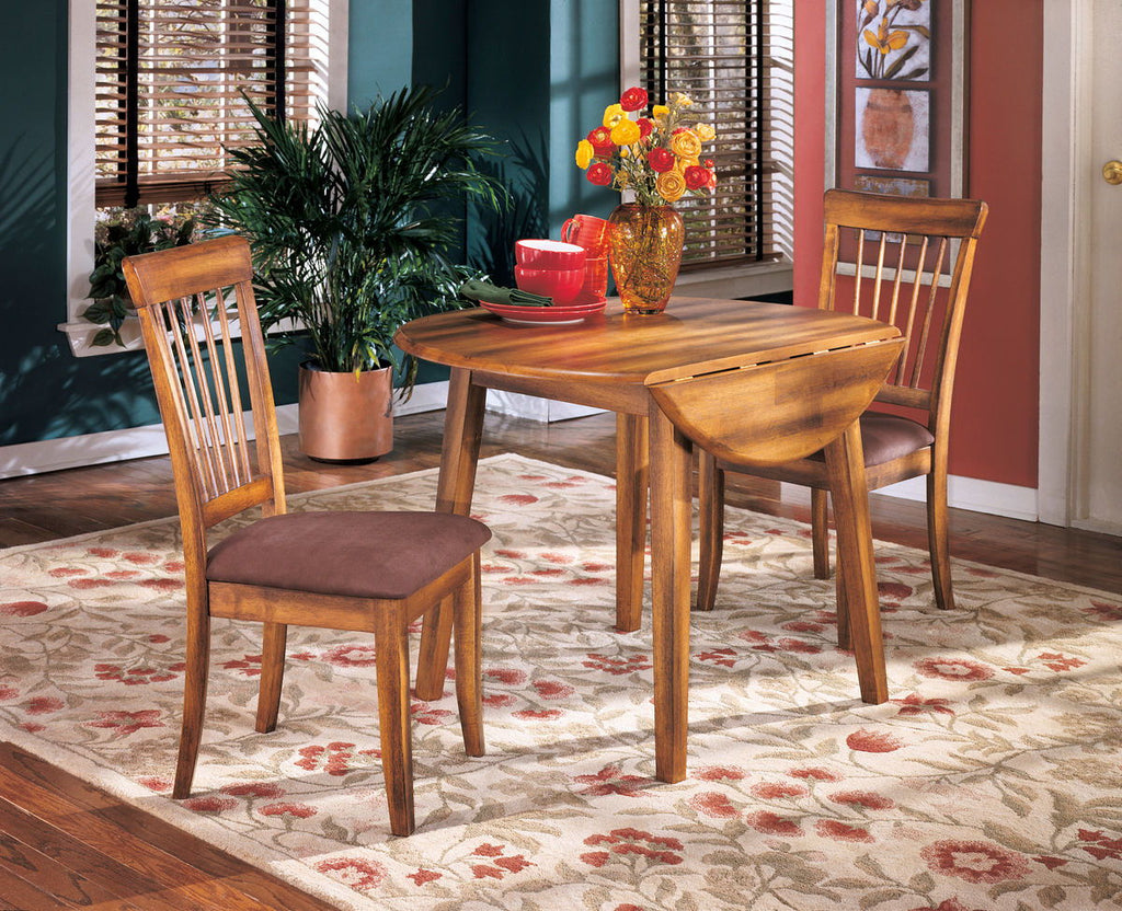 Drop leaf dining table set with dark brown table and two padded chairs