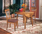 Drop leaf dining table set with dark brown table and two padded chairs