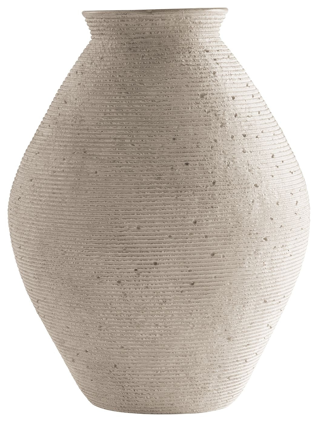 Beige ceramic vase with textured finish and rounded, tapered shape