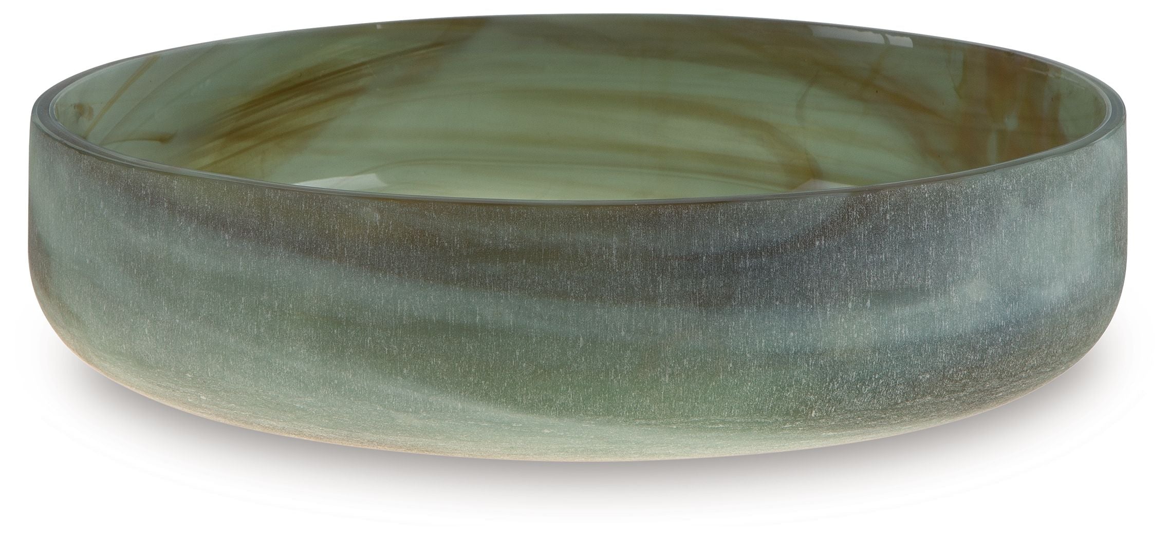 Sage green serving bowl with marbled, translucent glass design