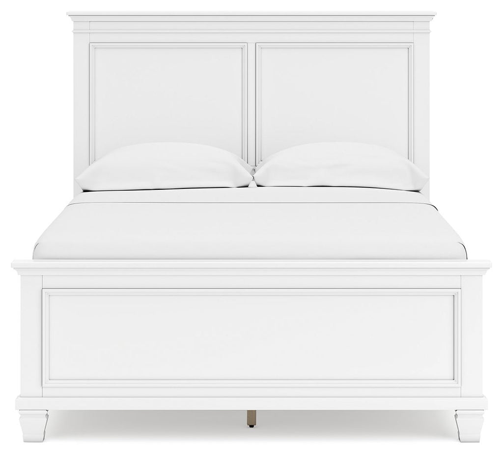 White panel bed headboard and front panel view with two cushions resting on top.