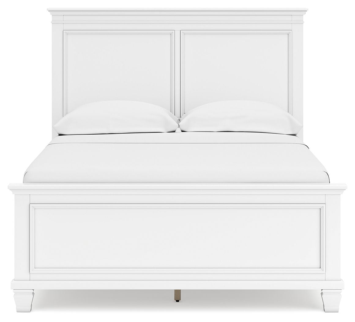 White panel bed headboard and front panel view with two cushions resting on top.