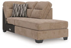 Mocha corner chaise with beige upholstery, squared arms, and tufted back cushions