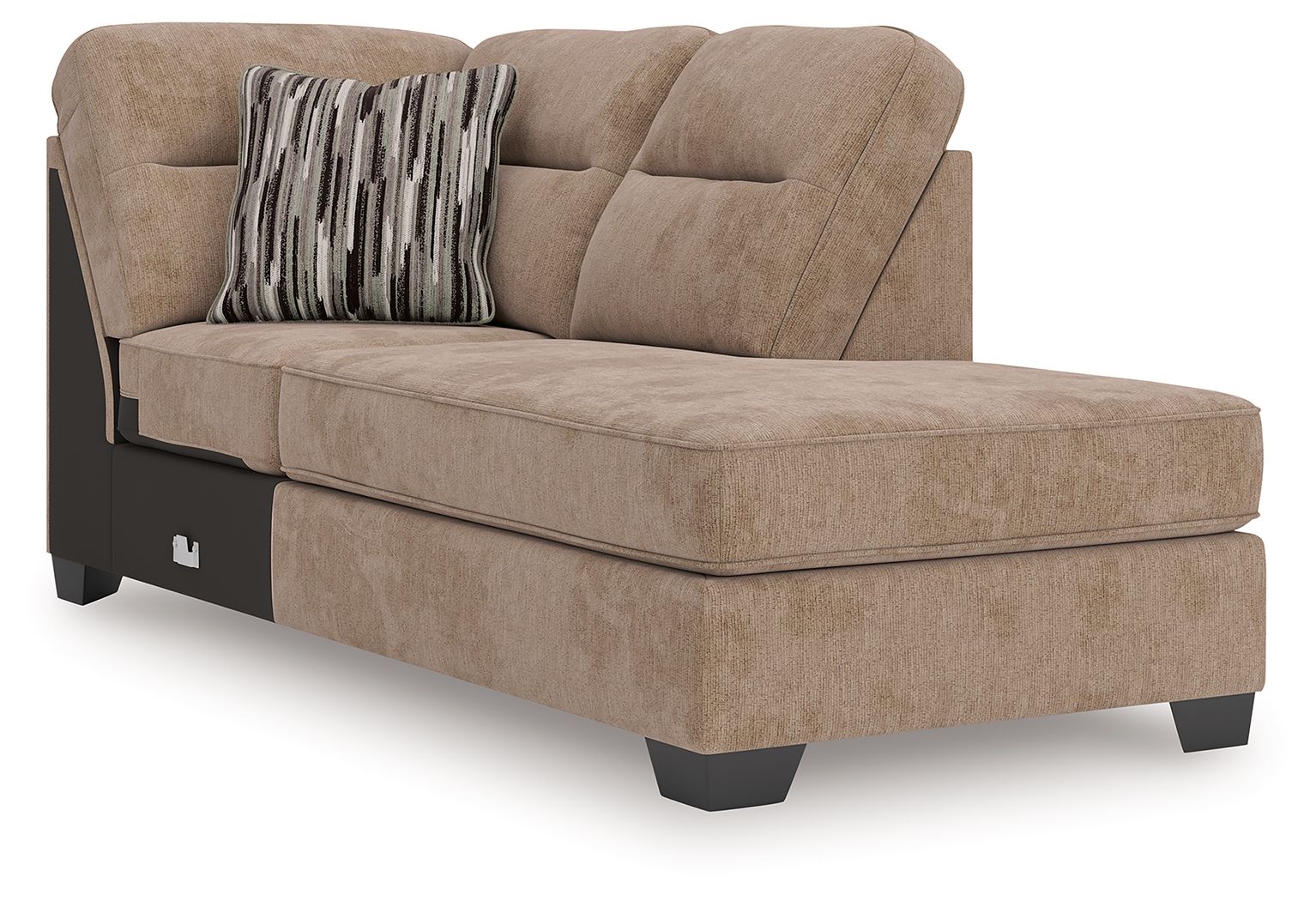 Mocha corner chaise with beige upholstery, squared arms, and tufted back cushions